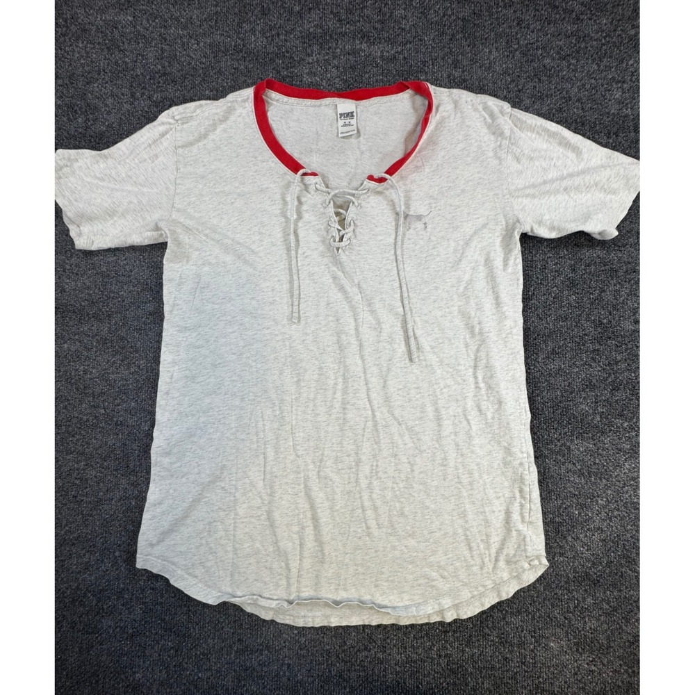 Victoria's Secret PINK Lace Up Ringer T-Shirt Gray Red Fair Isle Logo Medium‎